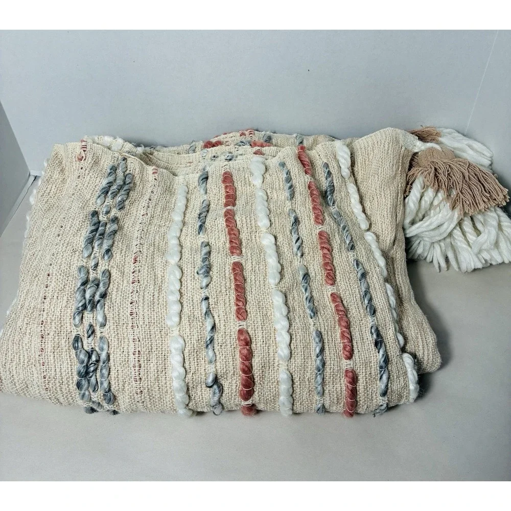 London Kaye Throw Multicolor Striped Embroidered Fringe Blanket Tassels 60x50